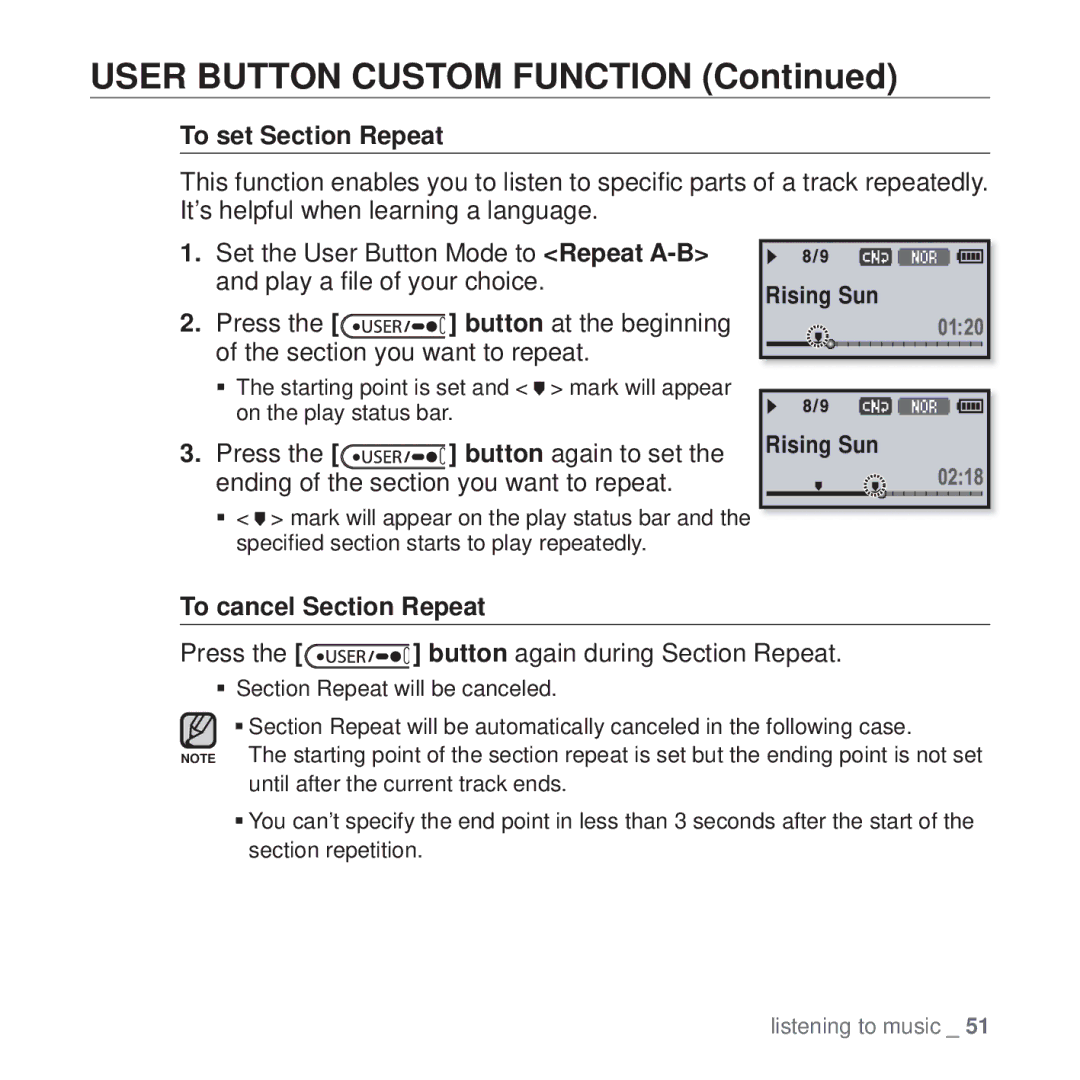 Samsung YP-U4QR/MEA, YP-U4QU/AAW, YP-U4QB/HAC User Button Custom Function, To set Section Repeat, To cancel Section Repeat 