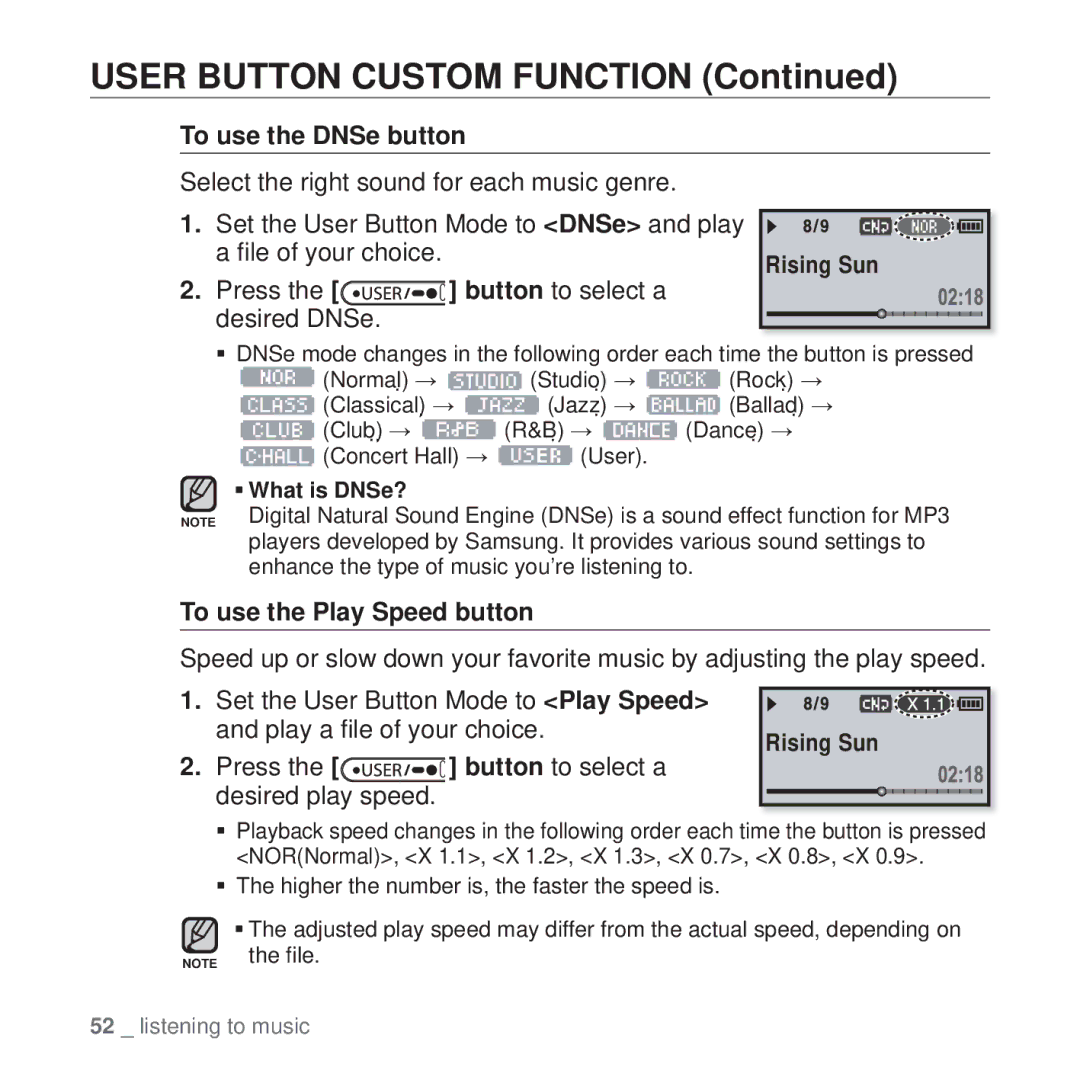 Samsung YP-U4QR/HAC, YP-U4QU/AAW, YP-U4QB/HAC, YP-U4QB/AAW, YP-U4QR/AAW To use the DNSe button, To use the Play Speed button 