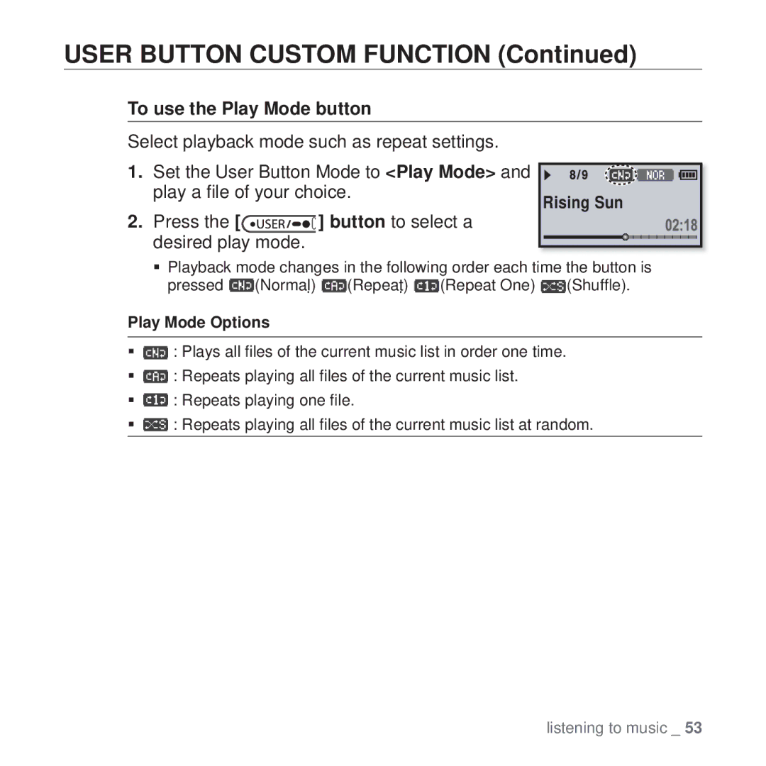 Samsung YP-U4AR/MEA, YP-U4QU/AAW, YP-U4QB/HAC, YP-U4QB/AAW, YP-U4QR/AAW, YP-U4QB/MEA manual To use the Play Mode button, Shufﬂe 