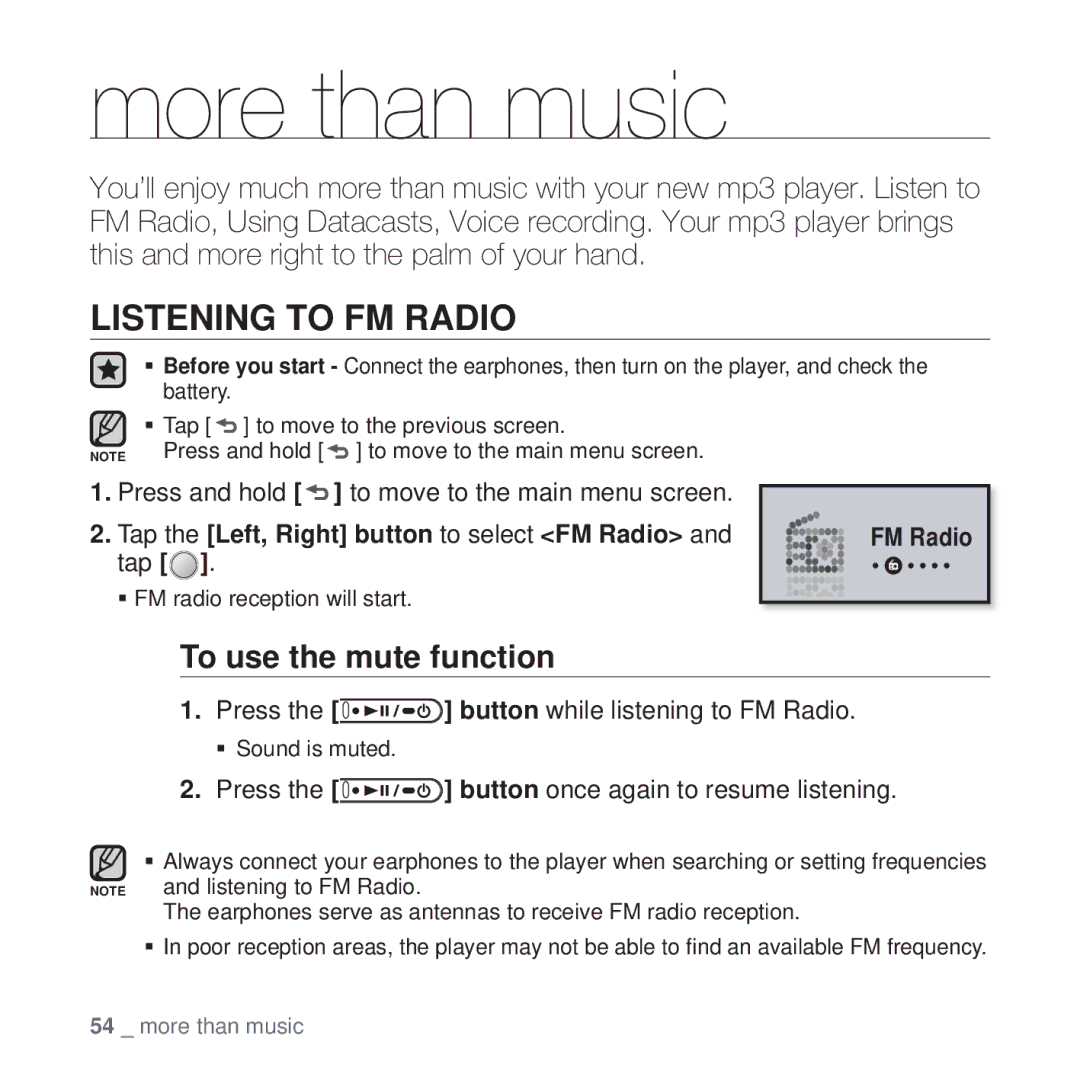 Samsung YP-U4QR/XSV, YP-U4QU/AAW, YP-U4QB/HAC, YP-U4QB/AAW More than music, Listening to FM Radio, To use the mute function 