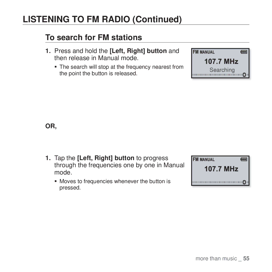 Samsung YP-U4AR/XSV, YP-U4QU/AAW, YP-U4QB/HAC, YP-U4QB/AAW, YP-U4QR/AAW manual Listening to FM Radio, To search for FM stations 