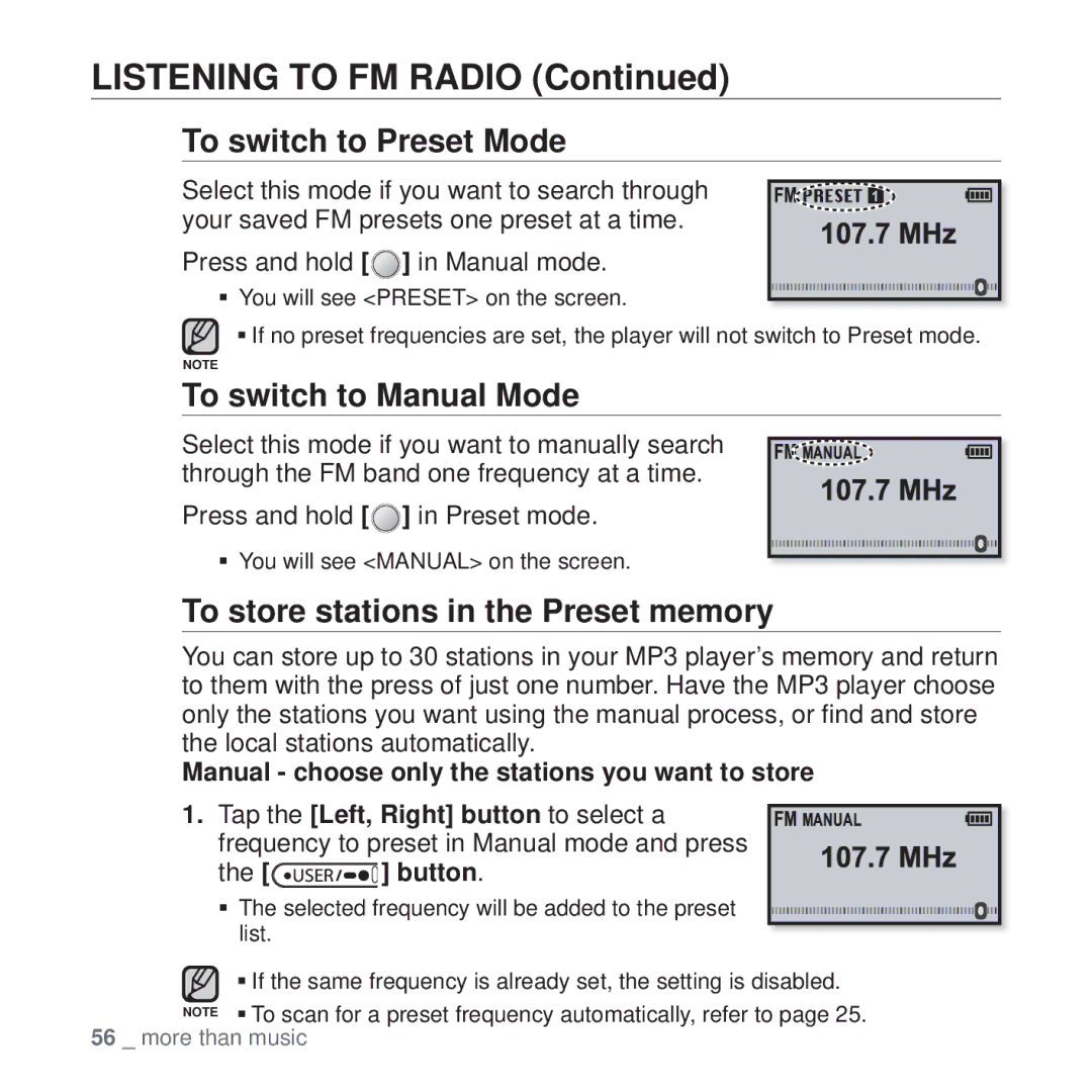 Samsung YP-U4QB/XSV manual To switch to Preset Mode, To switch to Manual Mode, To store stations in the Preset memory 