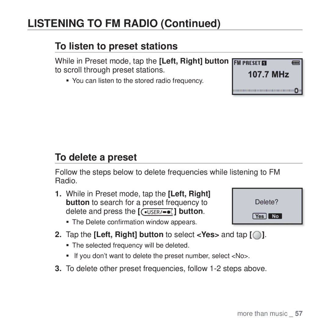 Samsung YP-U4AB/XSV, YP-U4QU/AAW, YP-U4QB/HAC To listen to preset stations, To delete a preset, Delete and press the button 