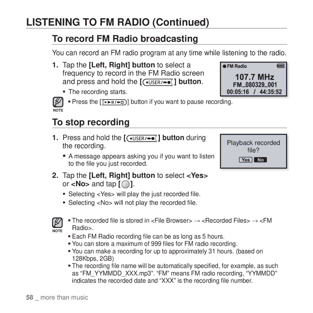 Samsung YP-U4AU/XSV To record FM Radio broadcasting, To stop recording, Press and hold the button during the recording 