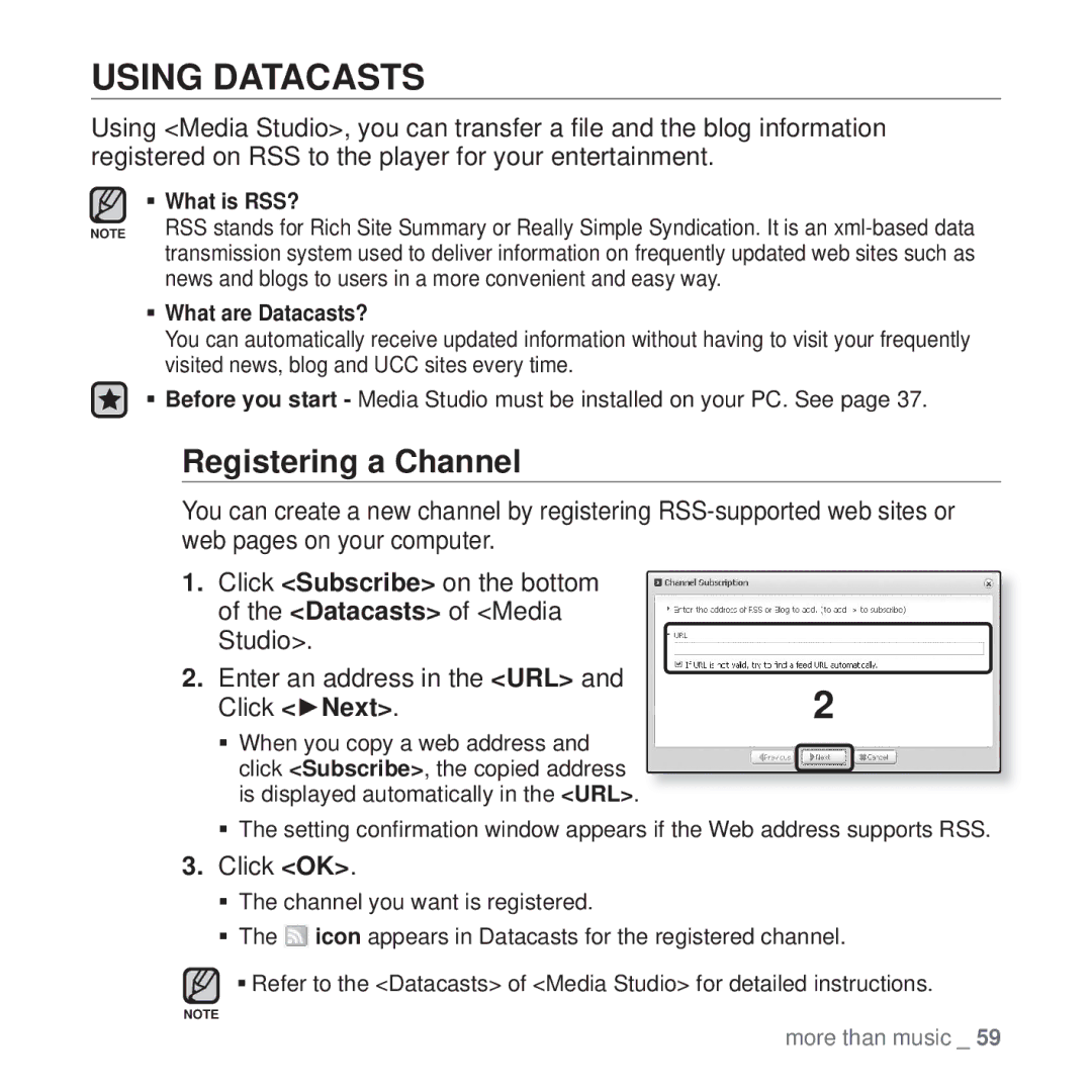 Samsung YP-U4QU/XSV, YP-U4QU/AAW, YP-U4QB/HAC, YP-U4QB/AAW, YP-U4QR/AAW manual Using Datacasts, Registering a Channel, Click OK 