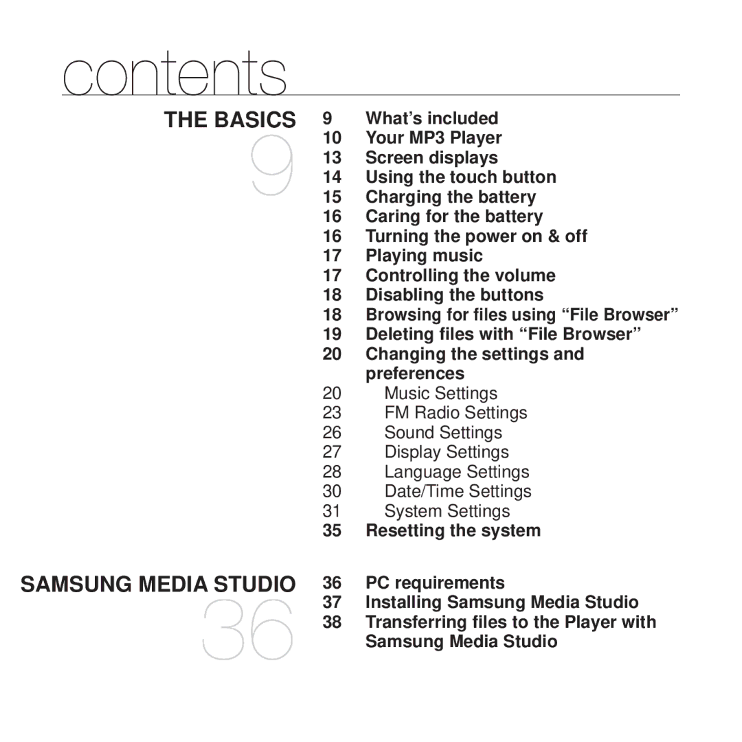 Samsung YP-U4QU/HAC, YP-U4QU/AAW, YP-U4QB/HAC, YP-U4QB/AAW, YP-U4QR/AAW, YP-U4QB/MEA, YP-U4QU/MEA, YP-U4AB/MEA manual Contents 