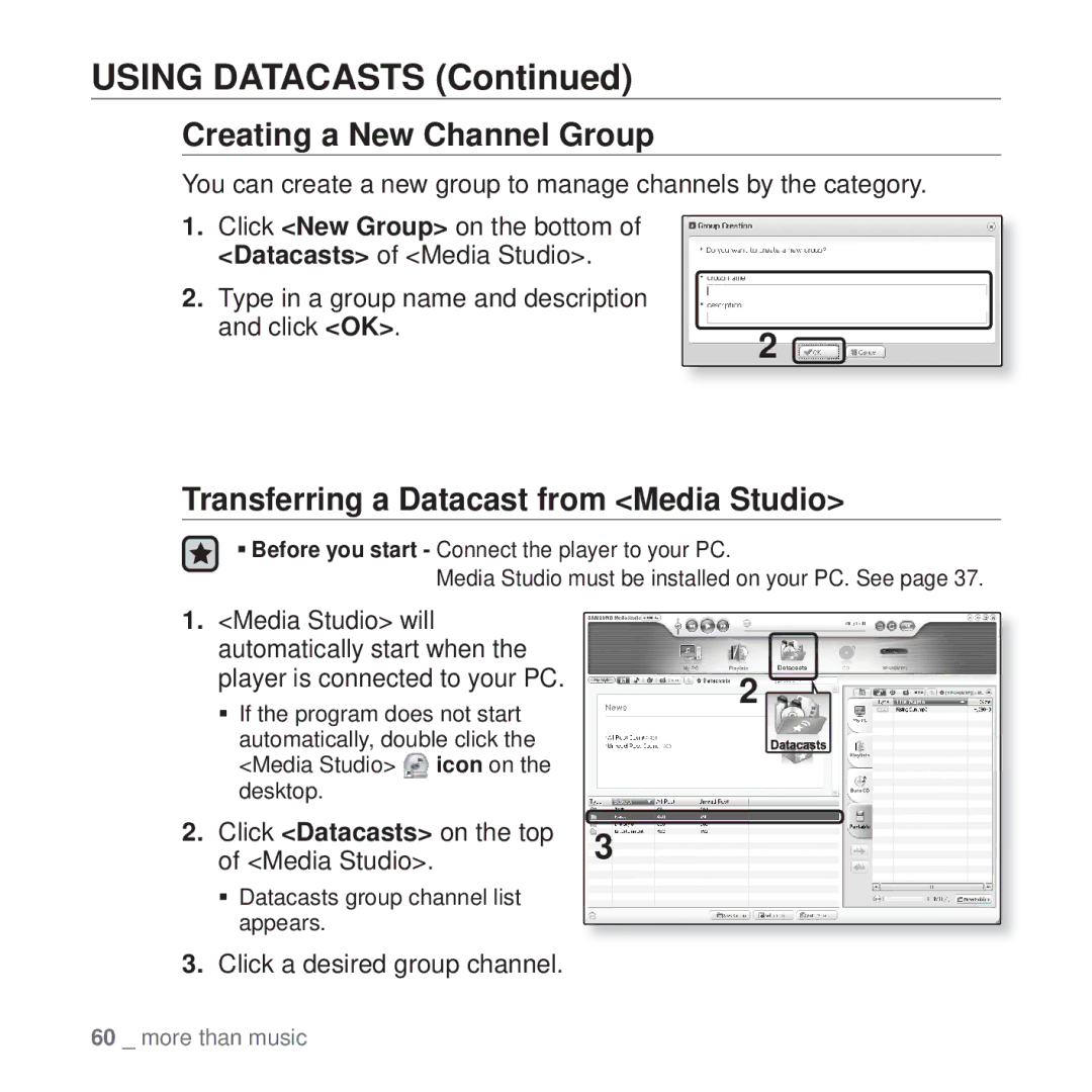 Samsung YP-U4QU/SUN, YP-U4QU/AAW Using Datacasts, Creating a New Channel Group, Transferring a Datacast from Media Studio 