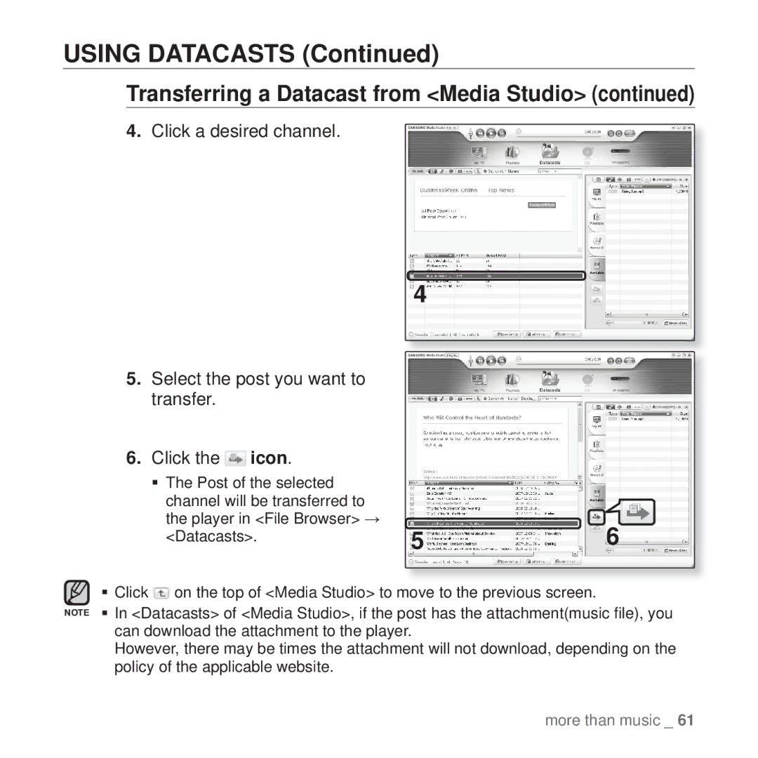 Samsung YP-U4QB/SUN, YP-U4QU/AAW, YP-U4QB/HAC Click a desired channel, Select the post you want to transfer Click the icon 