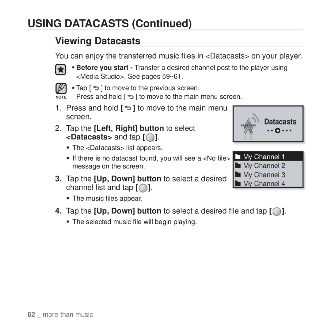 Samsung YP-U4QR/SUN, YP-U4QU/AAW, YP-U4QB/HAC, YP-U4QB/AAW, YP-U4QR/AAW, YP-U4QB/MEA, YP-U4QU/MEA, YP-U4QU/HAC Viewing Datacasts 