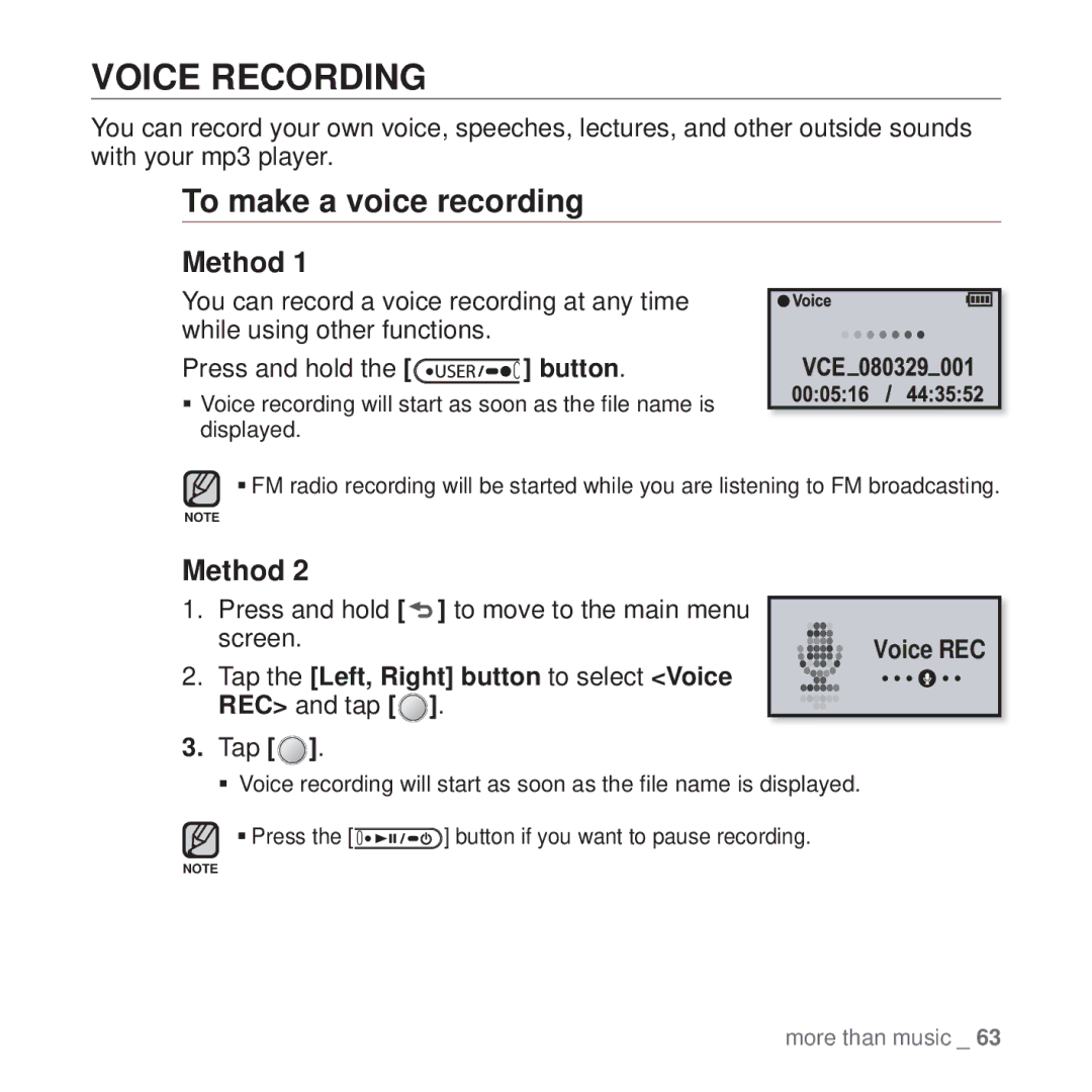 Samsung YP-U4QU/AAW Voice Recording, To make a voice recording, Tap the Left, Right button to select Voice REC and tap 