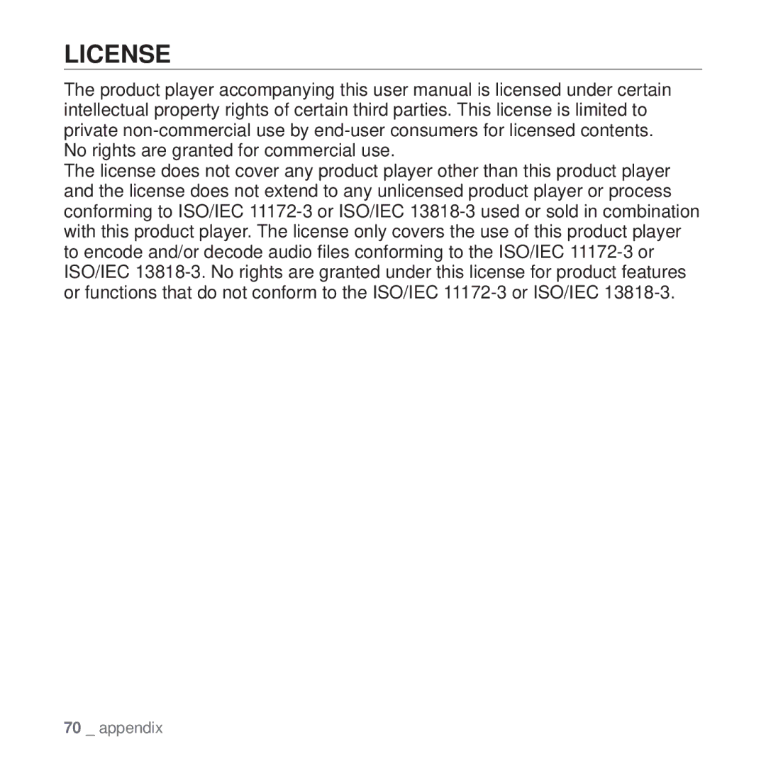 Samsung YP-U4AB/MEA, YP-U4QU/AAW, YP-U4QB/HAC, YP-U4QB/AAW, YP-U4QR/AAW, YP-U4QB/MEA, YP-U4QU/MEA, YP-U4QU/HAC manual License 