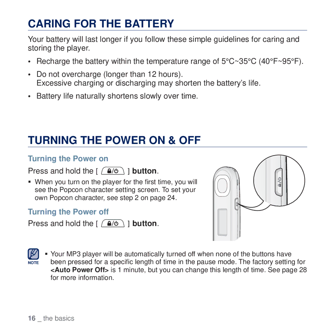 Samsung YP-U5QR/MEA Caring for the Battery, Turning the Power on & OFF, Press and hold the button, Turning the Power off 