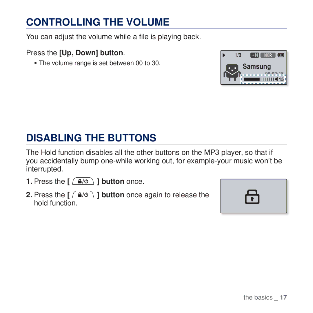 Samsung YP-U5AB/HAC Controlling the Volume, Disabling the Buttons, You can adjust the volume while a ﬁle is playing back 