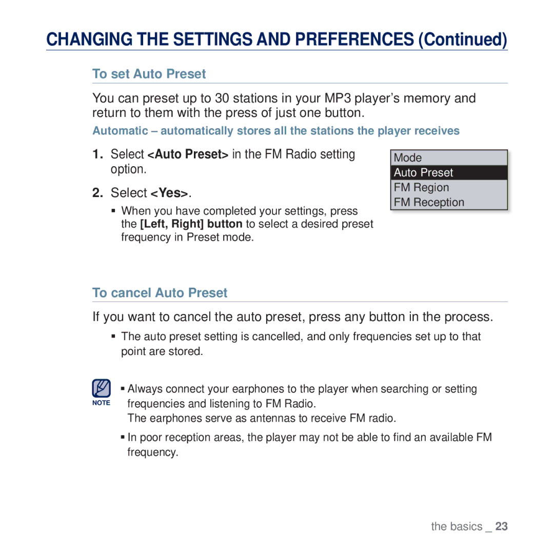 Samsung YP-U5AP/HAC, YP-U5AR/AAW, YP-U5AW/HAC, YP-U5QP/AAW, YP-U5QR/HAC, YP-U5QW/HAC To set Auto Preset, To cancel Auto Preset 