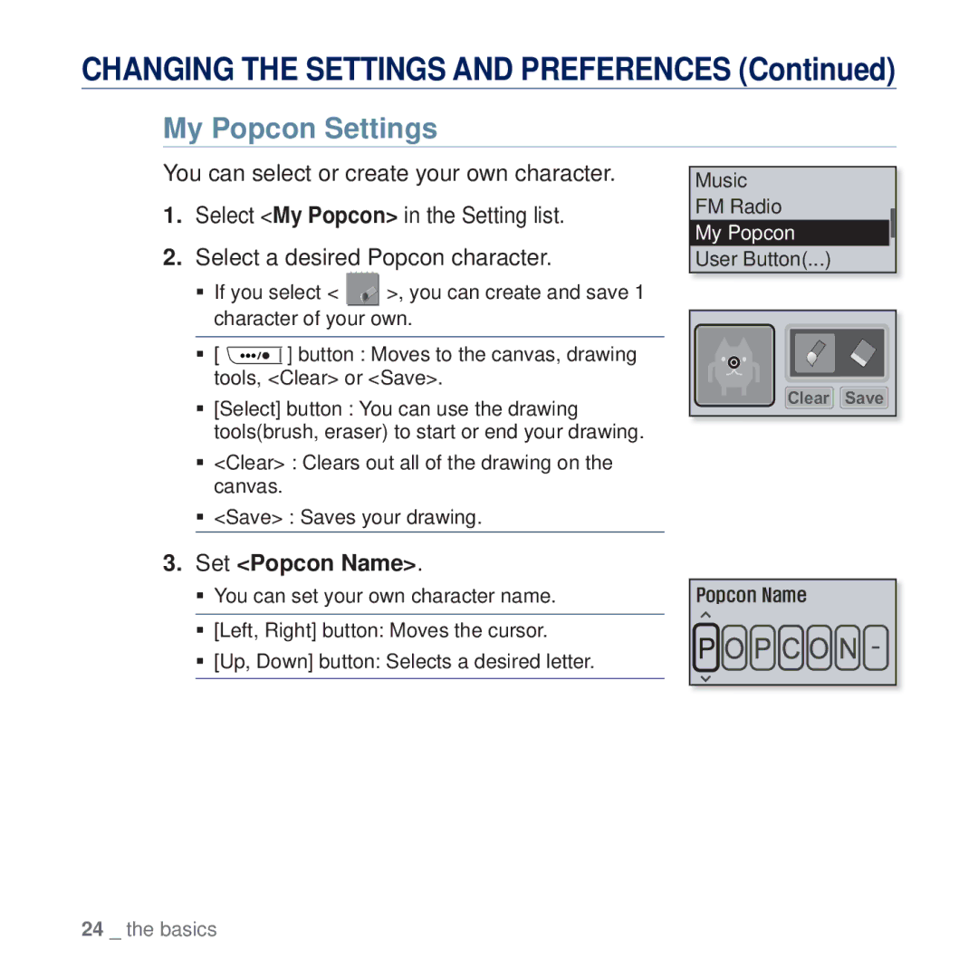 Samsung YP-U5AW/MEA, YP-U5AR/AAW, YP-U5AW/HAC, YP-U5QP/AAW, YP-U5QR/HAC, YP-U5QW/HAC manual My Popcon Settings, Set Popcon Name 