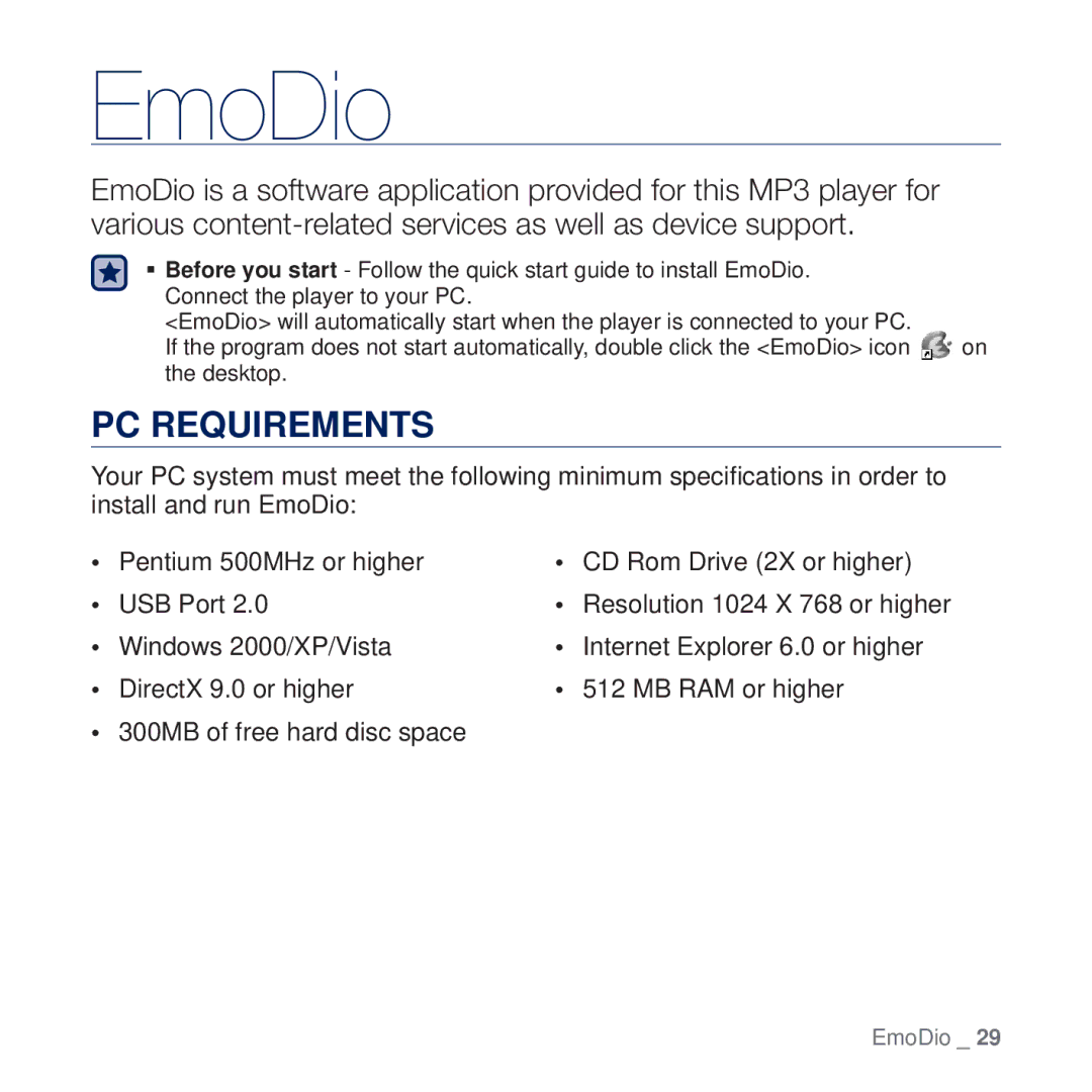 Samsung YP-U5QW/AAW, YP-U5AR/AAW, YP-U5AW/HAC, YP-U5QP/AAW manual EmoDio, PC Requirements, 300MB of free hard disc space 