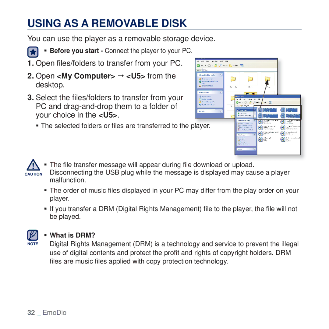 Samsung YP-U5AL/XSV, YP-U5AR/AAW manual Using AS a Removable Disk, You can use the player as a removable storage device 