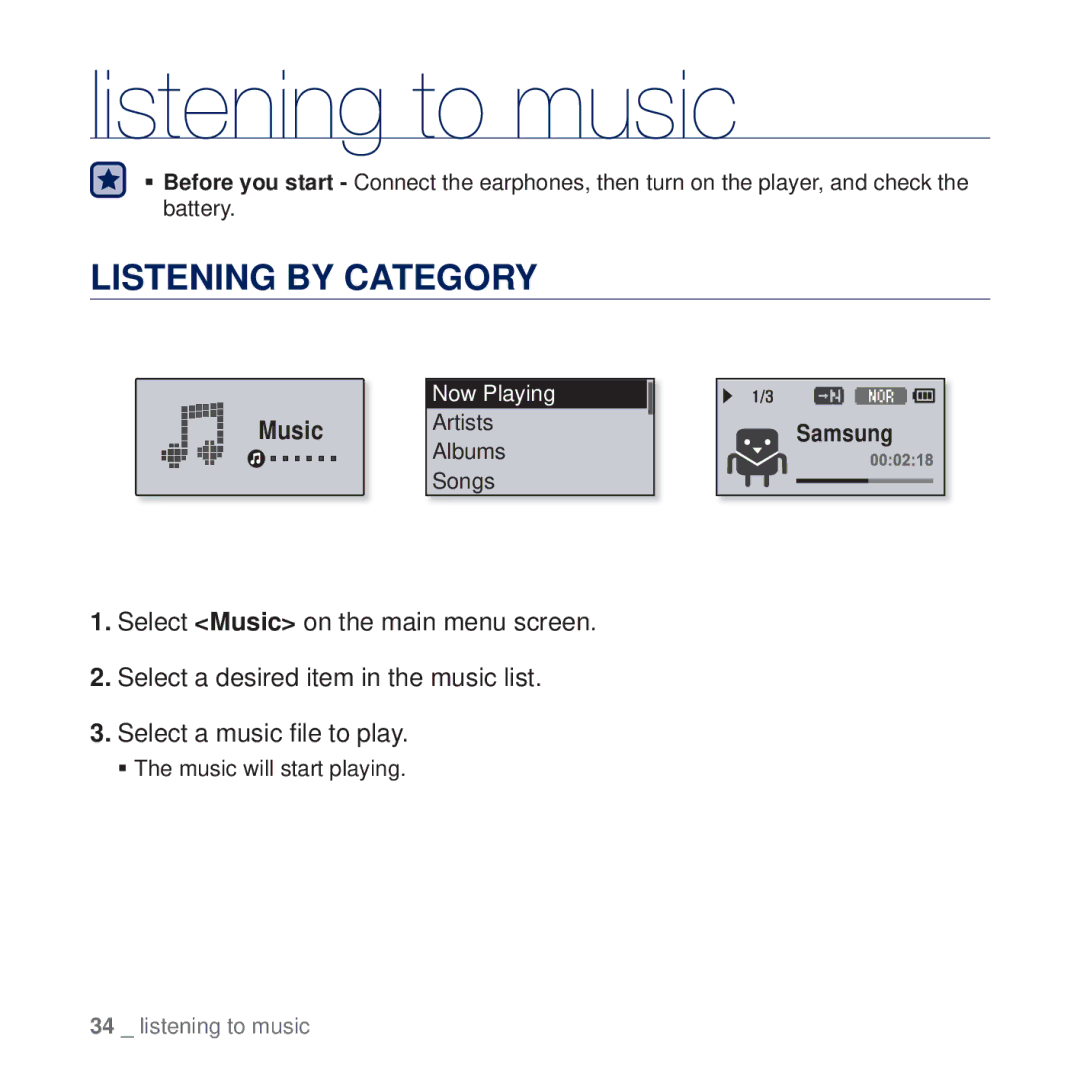 Samsung YP-U5AW/XSV, YP-U5AR/AAW, YP-U5AW/HAC, YP-U5QP/AAW, YP-U5QR/HAC, YP-U5QW/HAC Listening to music, Listening by Category 