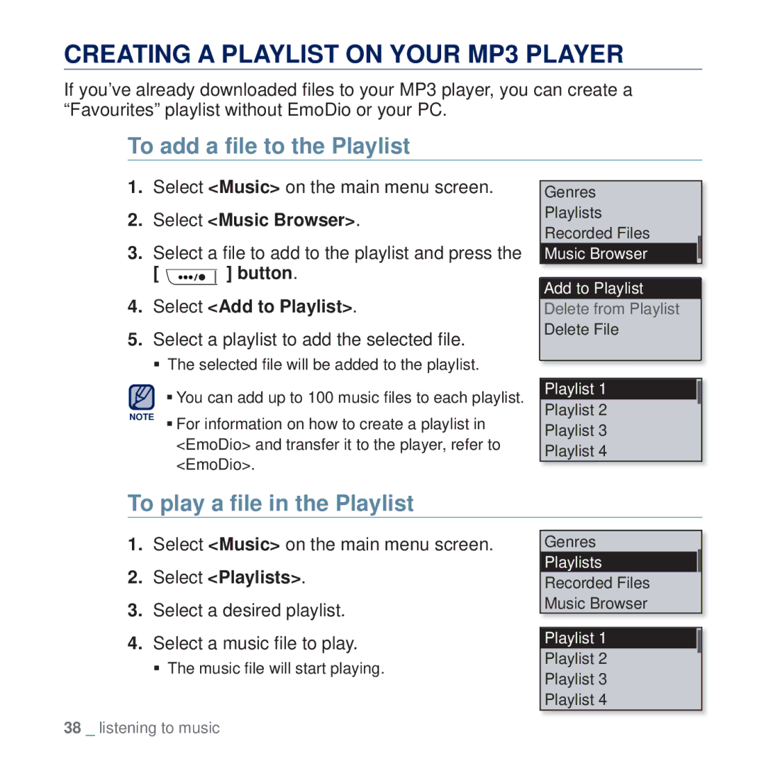 Samsung YP-U5AP/XSV Creating a Playlist on Your MP3 Player, To add a ﬁle to the Playlist, To play a ﬁle in the Playlist 