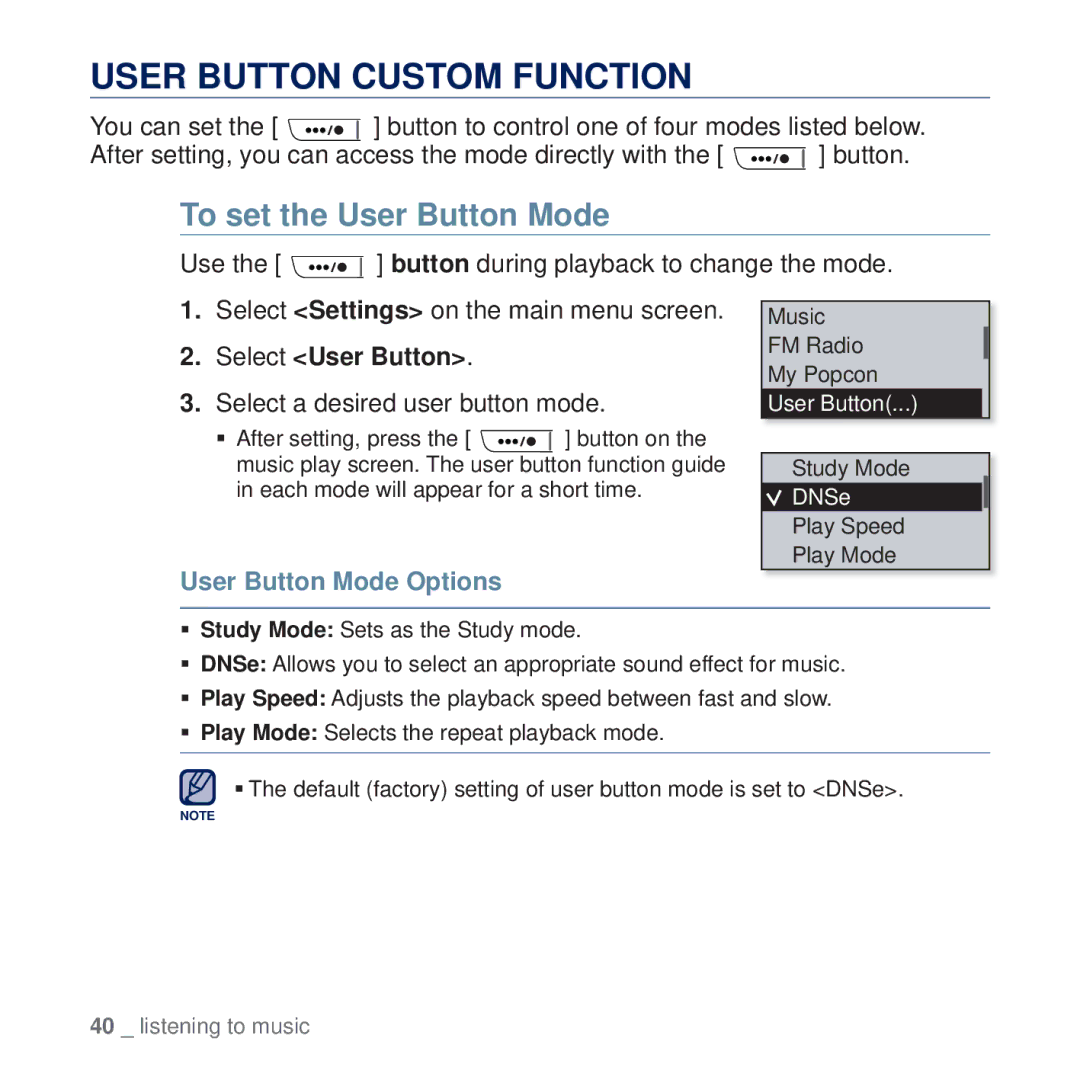 Samsung YP-U5AW/SUN User Button Custom Function, To set the User Button Mode, Select User Button, User Button Mode Options 