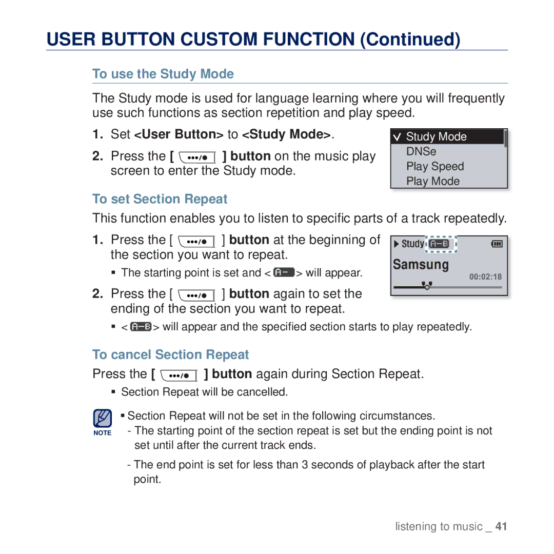 Samsung YP-U5QR/SUN, YP-U5AR/AAW manual User Button Custom Function, To use the Study Mode, Set User Button to Study Mode 