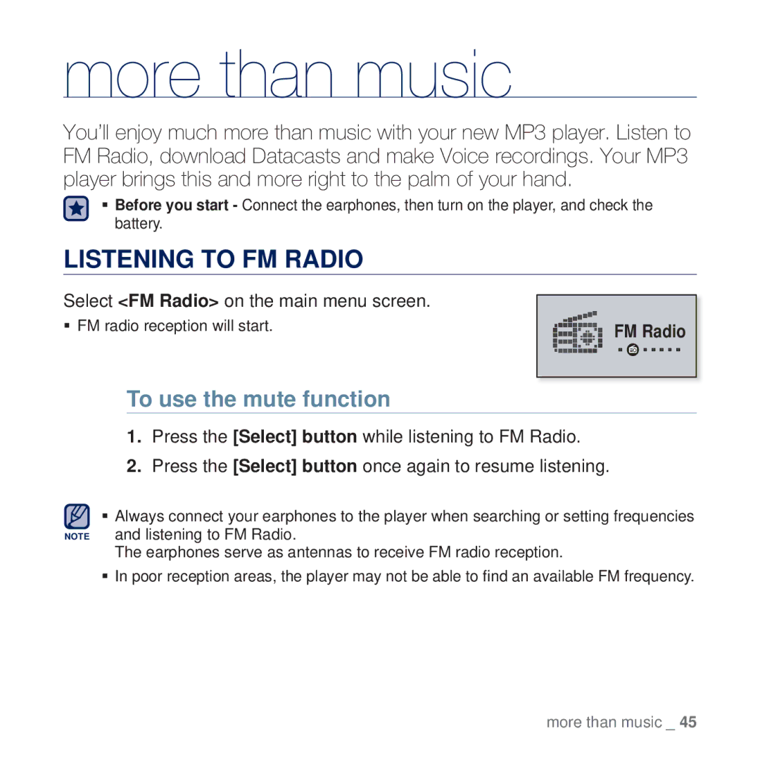 Samsung YP-U5QB/SUN, YP-U5AR/AAW, YP-U5AW/HAC, YP-U5QP/AAW More than music, Listening to FM Radio, To use the mute function 