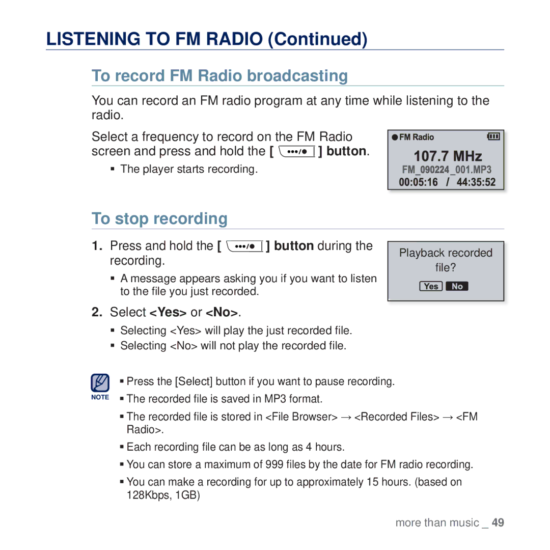 Samsung YP-U5QP/SUN To record FM Radio broadcasting, To stop recording, Press and hold the button during the recording 