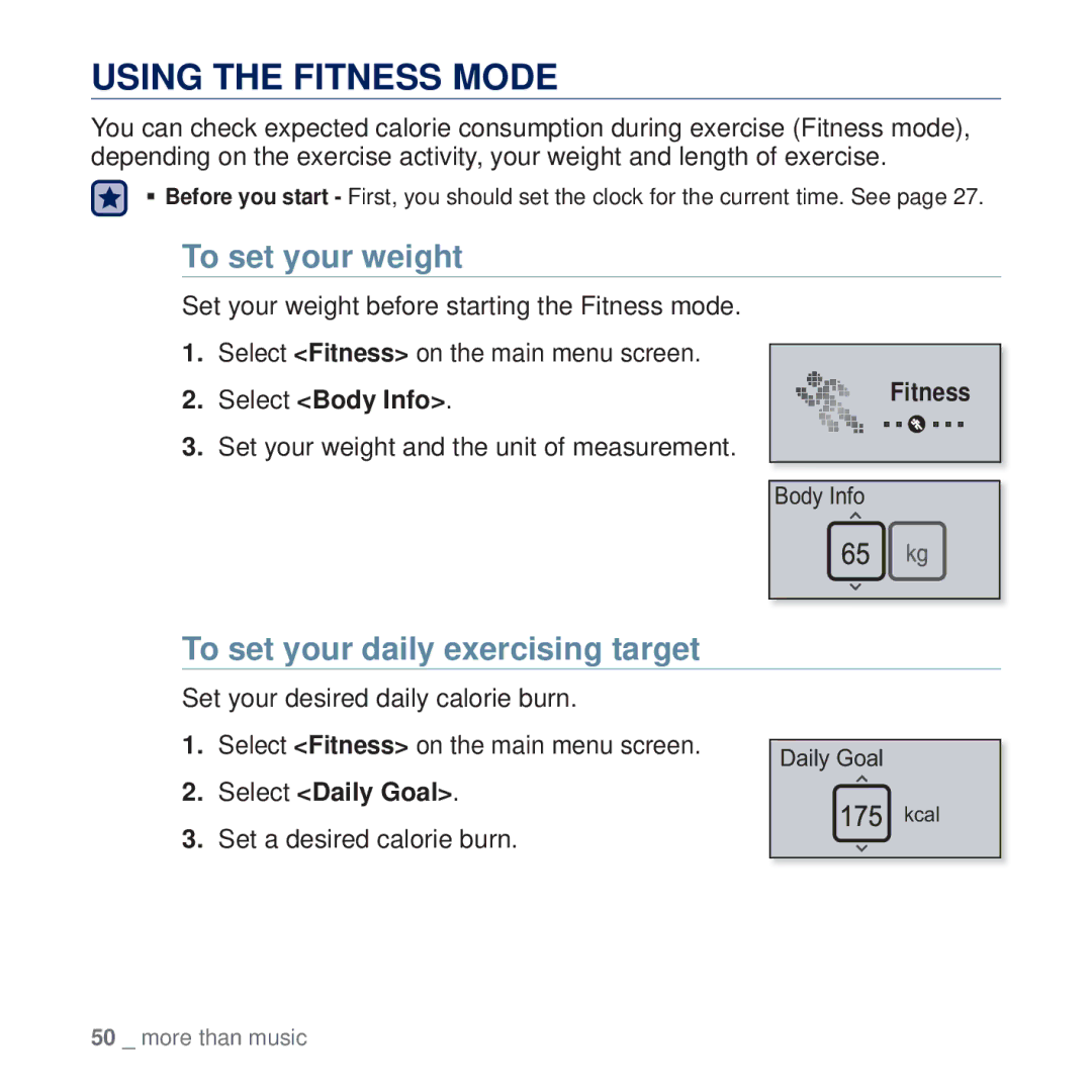 Samsung YP-U5AR/AAW Using the Fitness Mode, To set your weight, To set your daily exercising target, Select Body Info 