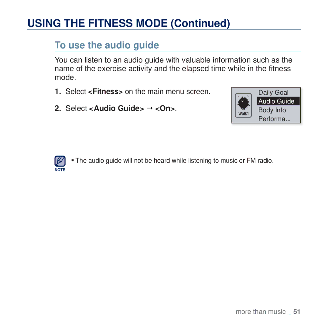 Samsung YP-U5AW/HAC, YP-U5AR/AAW, YP-U5QP/AAW manual Using the Fitness Mode, To use the audio guide, Select Audio Guide  On 