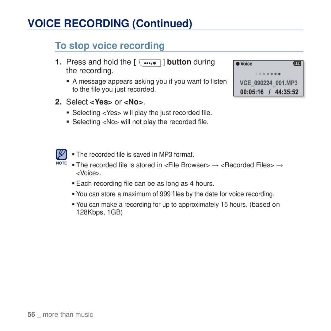 Samsung YP-U5QL/MEA, YP-U5AR/AAW, YP-U5AW/HAC, YP-U5QP/AAW, YP-U5QR/HAC, YP-U5QW/HAC Voice Recording, To stop voice recording 
