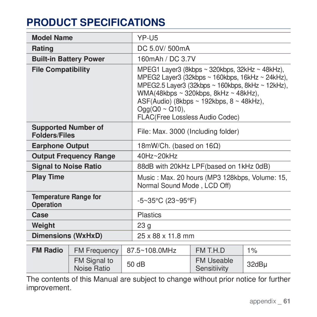 Samsung YP-U5AP/MEA, YP-U5AR/AAW, YP-U5AW/HAC, YP-U5QP/AAW, YP-U5QR/HAC manual Product Specifications, File Compatibility 