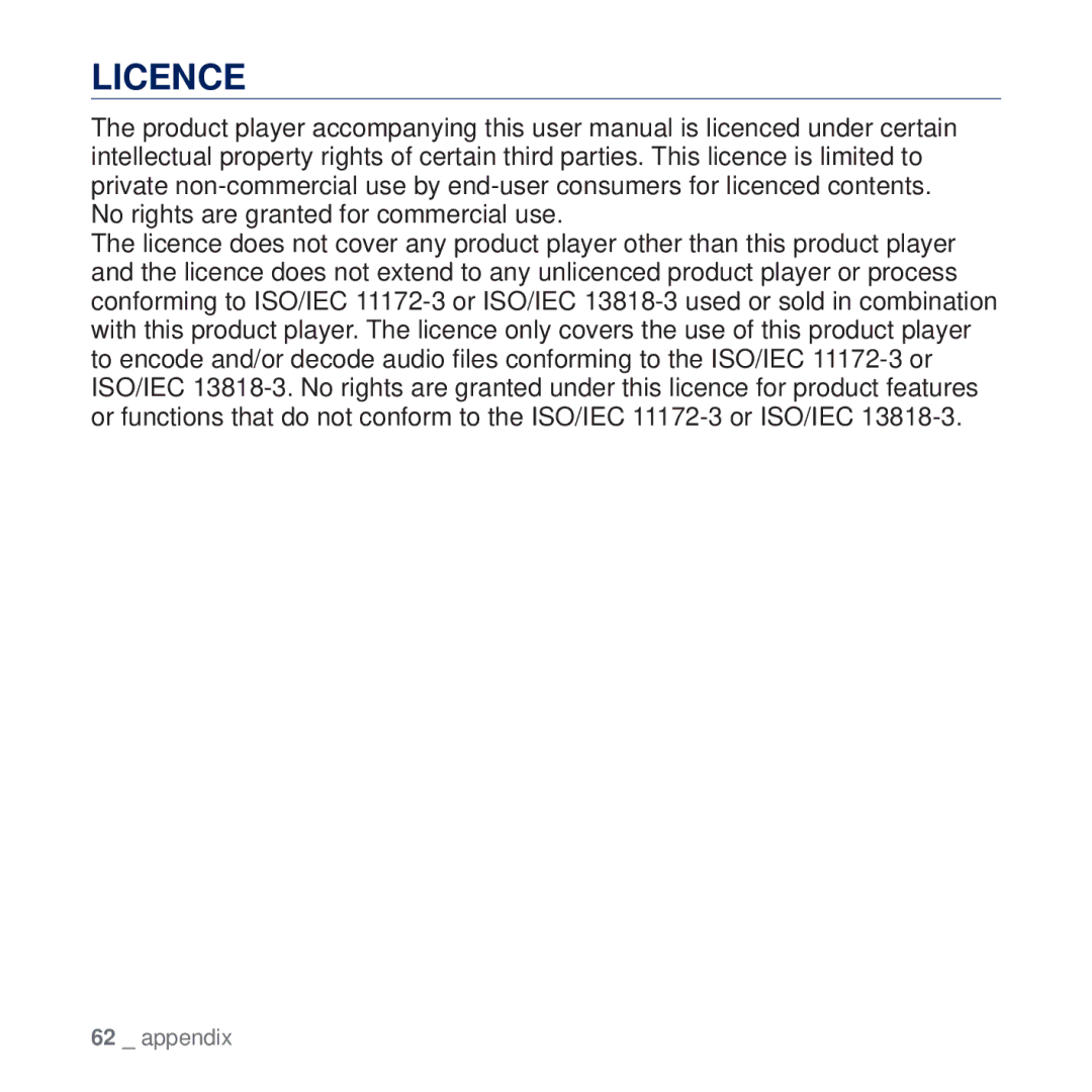 Samsung YP-U5QP/MEA, YP-U5AR/AAW, YP-U5AW/HAC, YP-U5QP/AAW, YP-U5QR/HAC, YP-U5QW/HAC, YP-U5QB/AAW, YP-U5QL/MEA manual Licence 