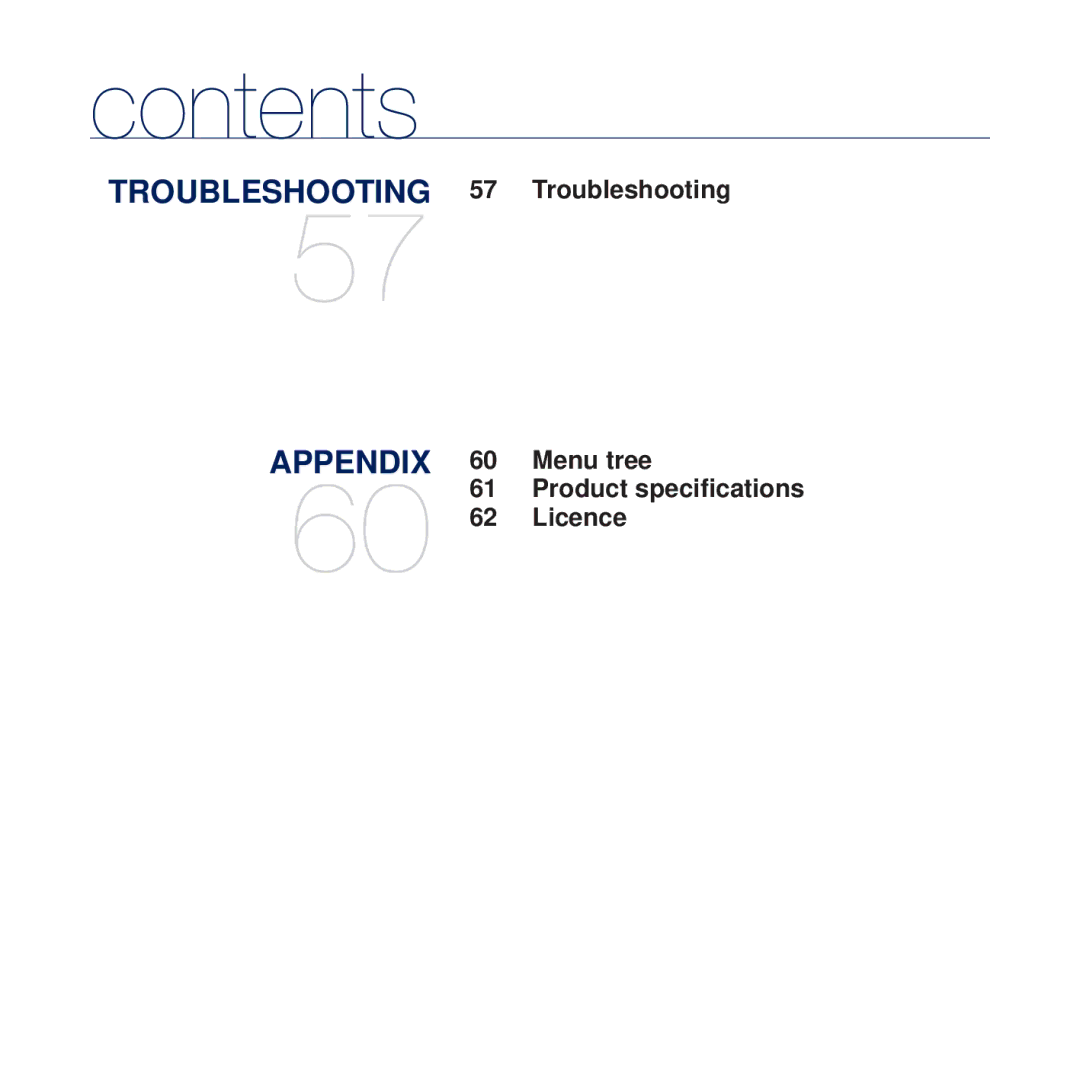 Samsung YP-U5AR/HAC, YP-U5AR/AAW, YP-U5AW/HAC, YP-U5QP/AAW manual Troubleshooting Menu tree Product speciﬁcations Licence 