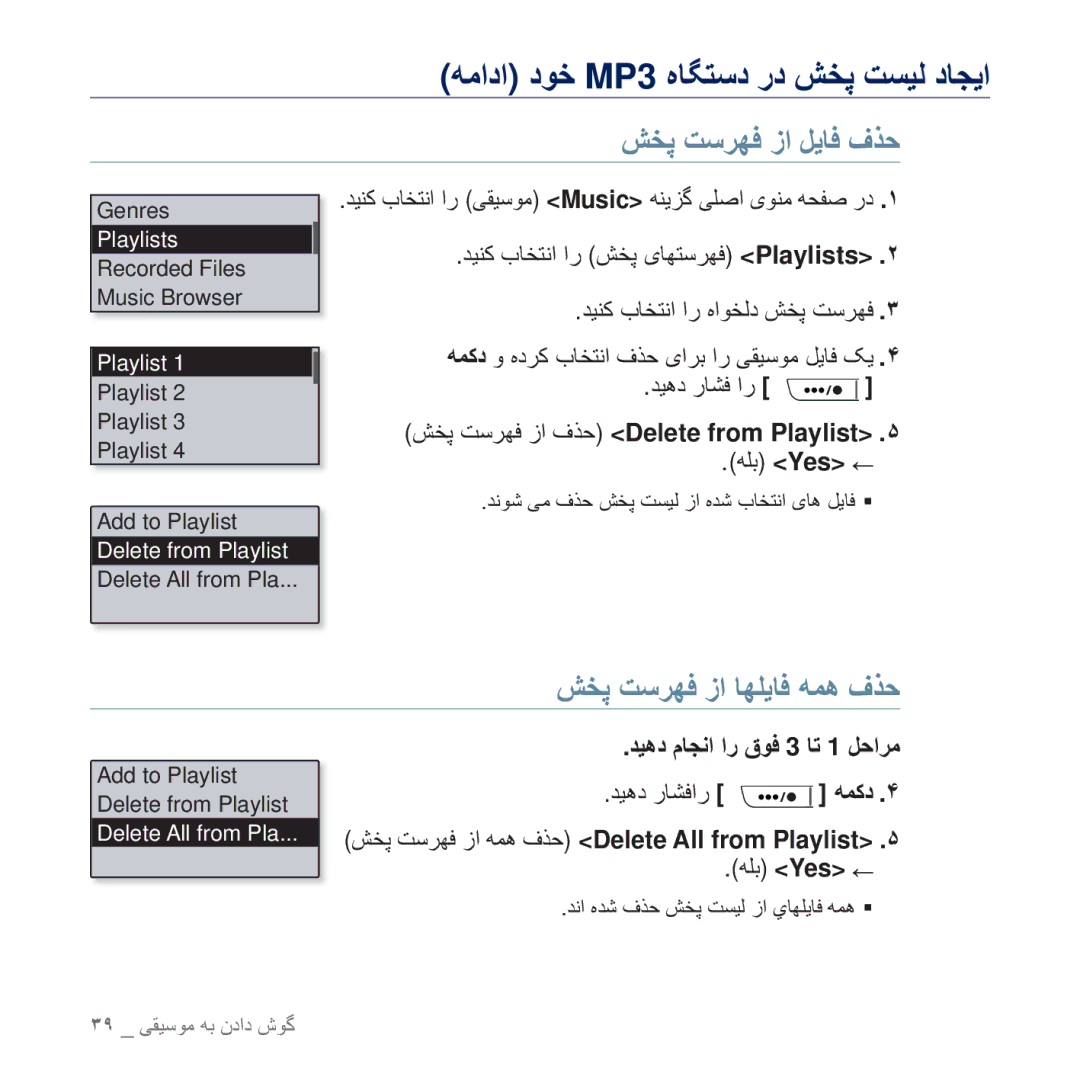 Samsung YP-U5QW/MEA, YP-U5AR/AAW ΖΨ̡ ΖγήϬϓ ί ϞϳΎϓ ϑάΣ, ΖΨ̡ ΖγήϬϓ ί ΎϬϠϳΎϓ ϪϤϫ ϑάΣ, ΖΨ̡ ΖγήϬϓ ί ϑάΣ Delete from Playlist .̋ 