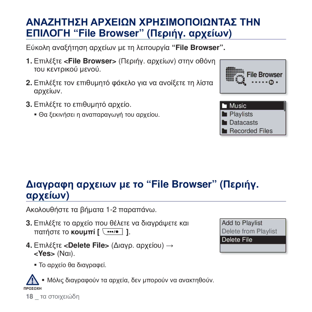 Samsung YP-U5JQR/EDC manual ǺȚĮȖȡĮĳȘ ĮȡȤİȚȦȞ ȝİ ĲȠ File Browser ȆİȡȚȒȖ. ĮȡȤİȓȦȞ, ĮȡȤİȓȦȞ ǼʌȚȜȑȟĲİ ĲȠ İʌȚșȣȝȘĲȩ ĮȡȤİȓȠ 