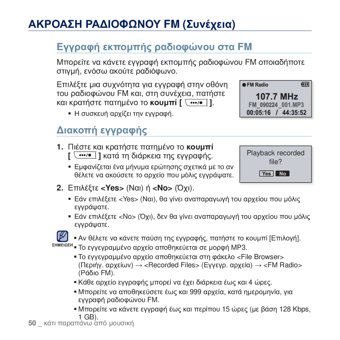 Samsung YP-U5JAB/EDC, YP-U5JAW/EDC ǼȖȖȡĮĳȒ İțʌȠȝʌȒȢ ȡĮįȚȠĳȫȞȠȣ ıĲĮ FM, ǺȚĮțȠʌȒ İȖȖȡĮĳȒȢ, ȚĮȚ țȡĮĲȒıĲİ ʌĮĲȘȝȑȞȠ ĲȠ țȠȣȝʌȓ 