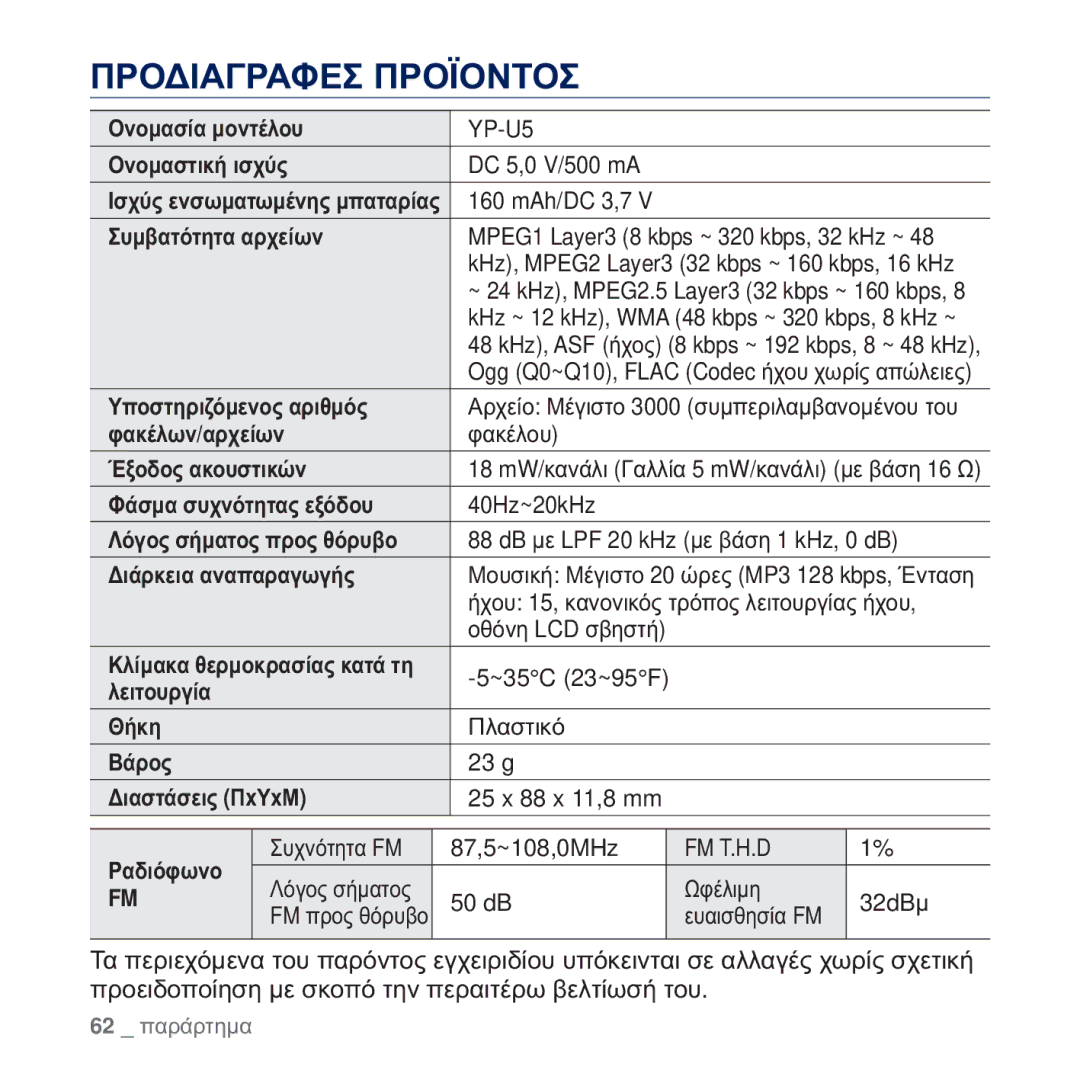 Samsung YP-U5JAL/EDC, YP-U5JAB/EDC, YP-U5JAW/EDC, YP-U5JQR/EDC, YP-U5JQW/EDC manual ȆȇȅǻǿǹīȇǹĭǼȈ ȆȇȅȎȅȃȉȅȈ, ȈȣȝȕĮĲȩĲȘĲĮ ĮȡȤİȓȦȞ 