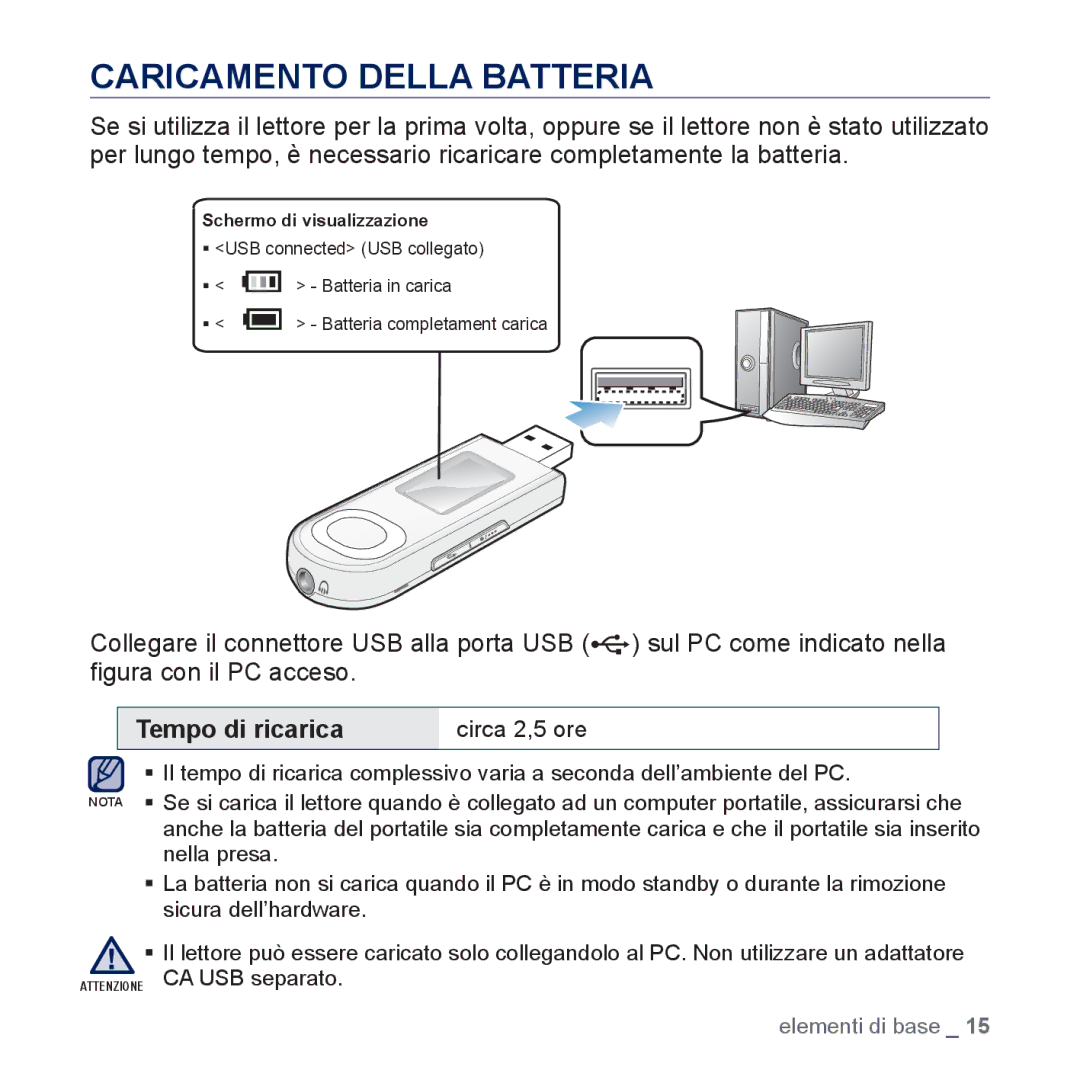 Samsung YP-U5JQB/EDC, YP-U5JAP/EDC, YP-U5JAB/EDC, YP-U5JAW/EDC Caricamento Della Batteria, Tempo di ricarica circa 2,5 ore 