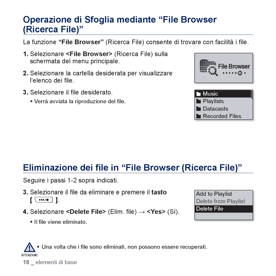 Samsung YP-U5JAL/EDC, YP-U5JAP/EDC, YP-U5JQB/EDC, YP-U5JAB/EDC manual Operazione di Sfoglia mediante File Browser Ricerca File 