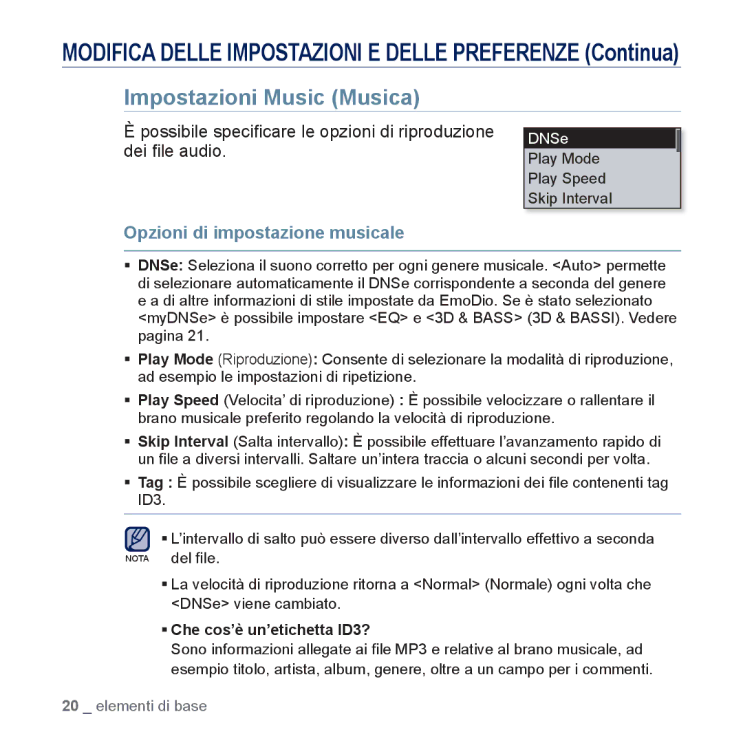 Samsung YP-U5JAR/EDC, YP-U5JAP/EDC, YP-U5JQB/EDC, YP-U5JAB/EDC Impostazioni Music Musica, Opzioni di impostazione musicale 