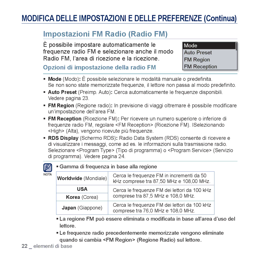 Samsung YP-U5JQB/EDC, YP-U5JAP/EDC, YP-U5JAB/EDC Impostazioni FM Radio Radio FM, Opzioni di impostazione della radio FM 