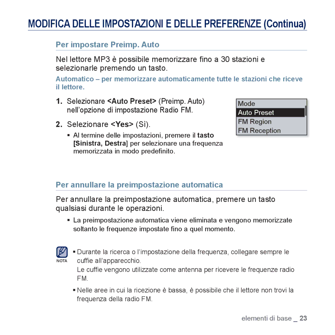 Samsung YP-U5JAB/EDC manual Per impostare Preimp. Auto, Selezionare Yes Sì, Per annullare la preimpostazione automatica 