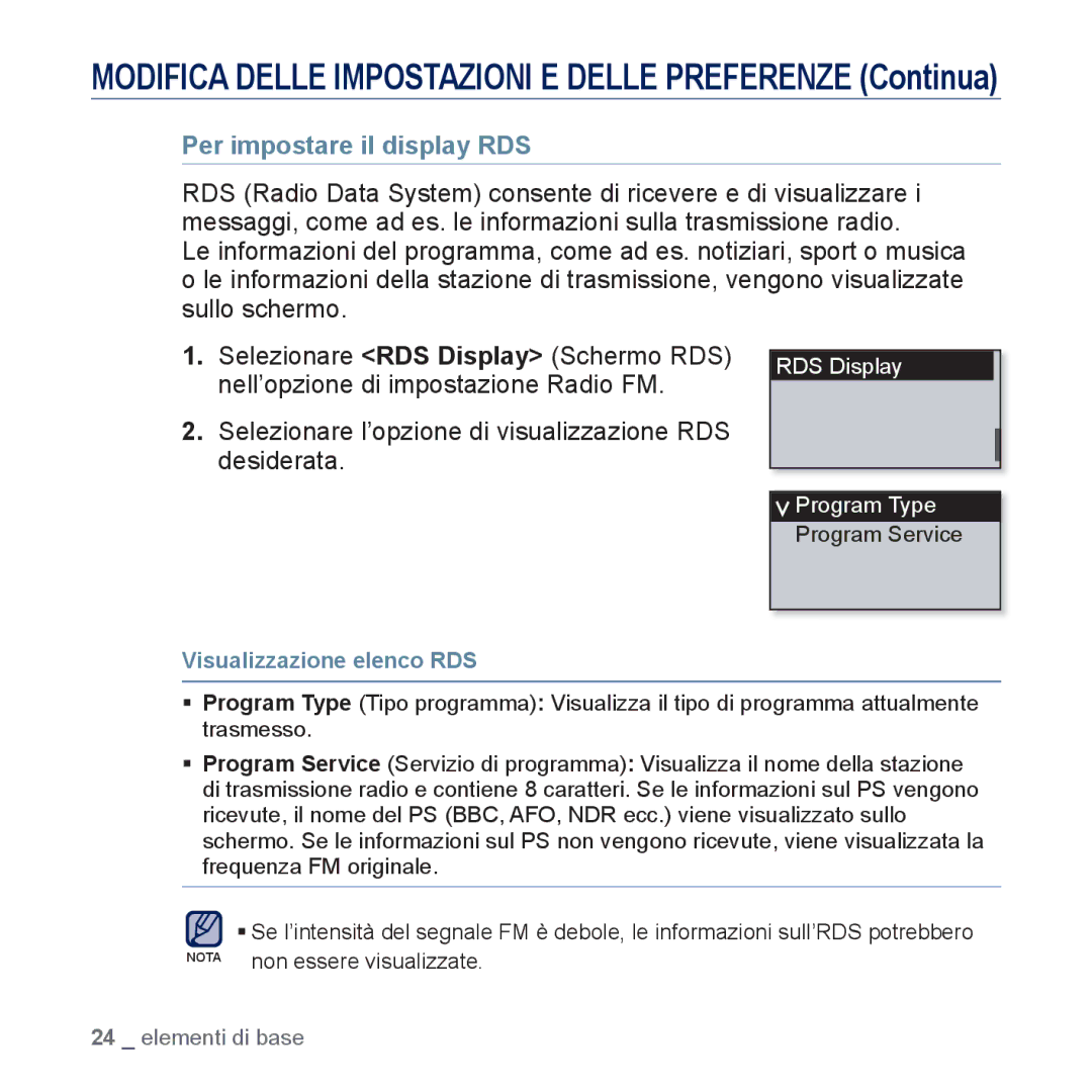 Samsung YP-U5JAW/EDC, YP-U5JAP/EDC, YP-U5JQB/EDC, YP-U5JAB/EDC manual Per impostare il display RDS, Visualizzazione elenco RDS 