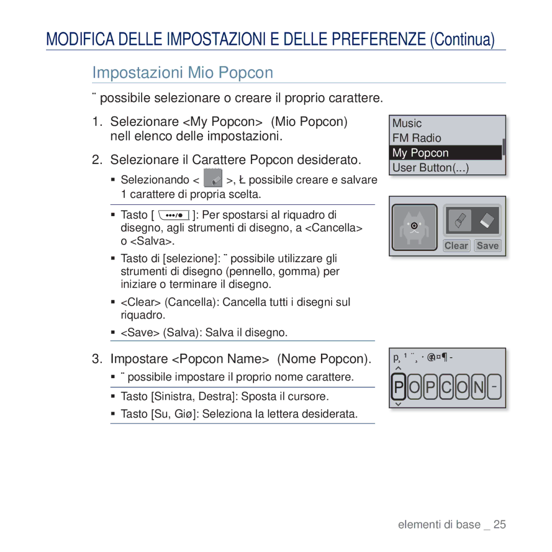 Samsung YP-U5JAL/EDC, YP-U5JAP/EDC, YP-U5JQB/EDC, YP-U5JAB/EDC Impostazioni Mio Popcon, Impostare Popcon Name Nome Popcon 