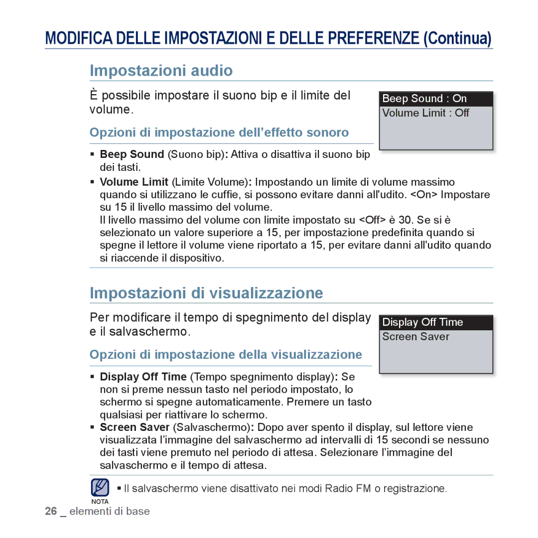 Samsung YP-U5JQWH/EDC Impostazioni audio, Impostazioni di visualizzazione, Opzioni di impostazione dell’effetto sonoro 