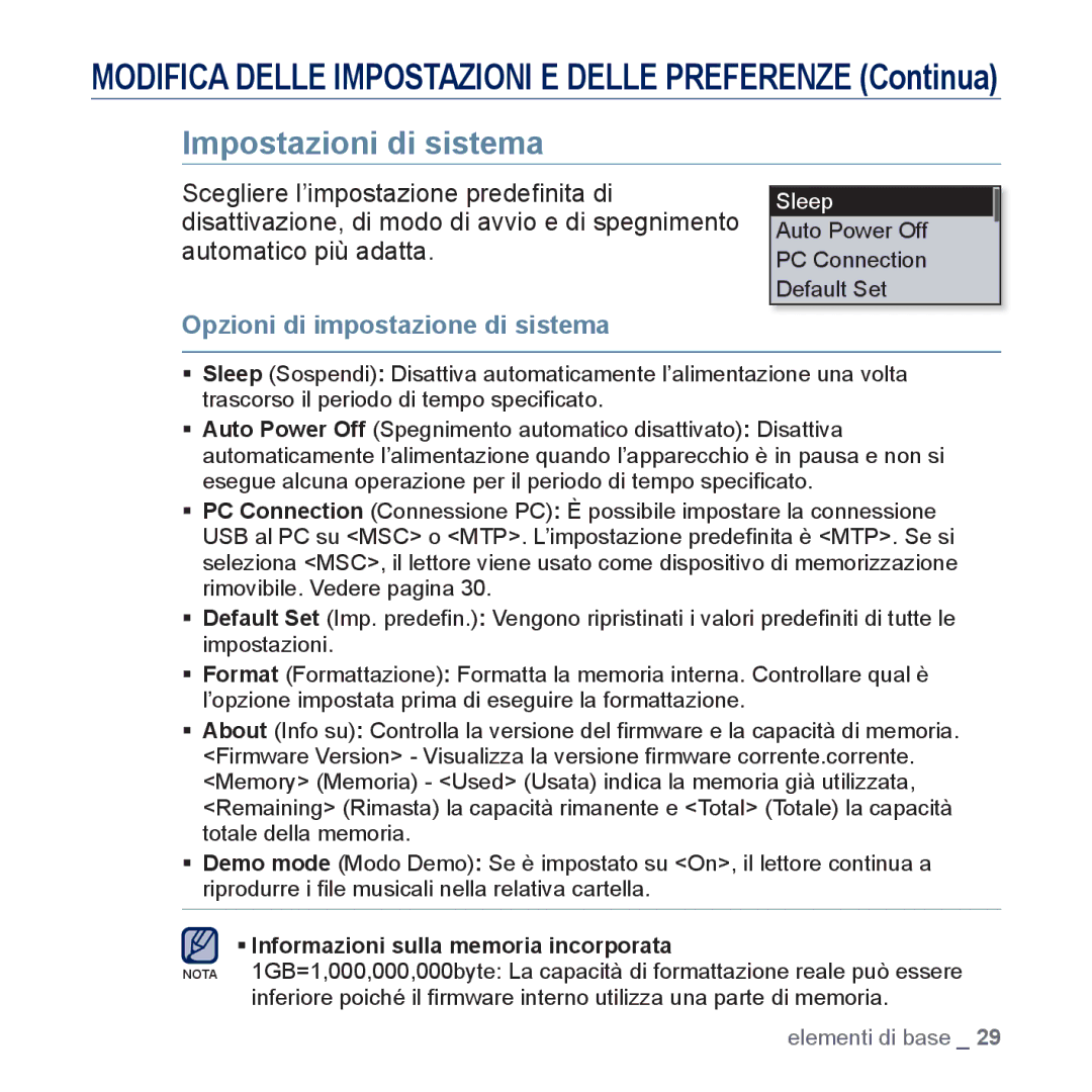 Samsung YP-U5JQB/EDC, YP-U5JAP/EDC, YP-U5JAB/EDC, YP-U5JAW/EDC Impostazioni di sistema, Opzioni di impostazione di sistema 