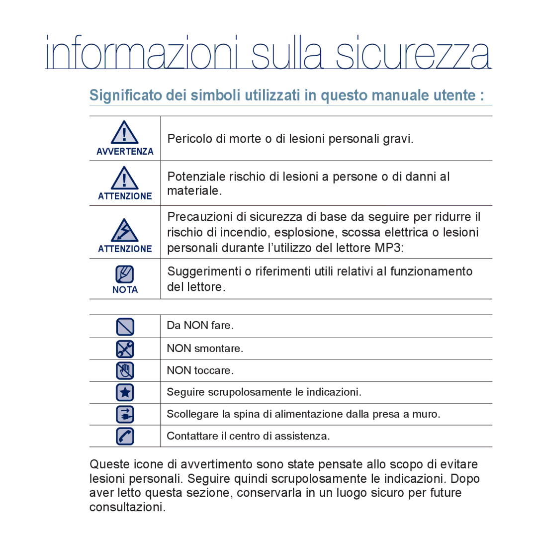 Samsung YP-U5JAW/EDC, YP-U5JAP/EDC, YP-U5JQB/EDC, YP-U5JAB/EDC Signiﬁcato dei simboli utilizzati in questo manuale utente 