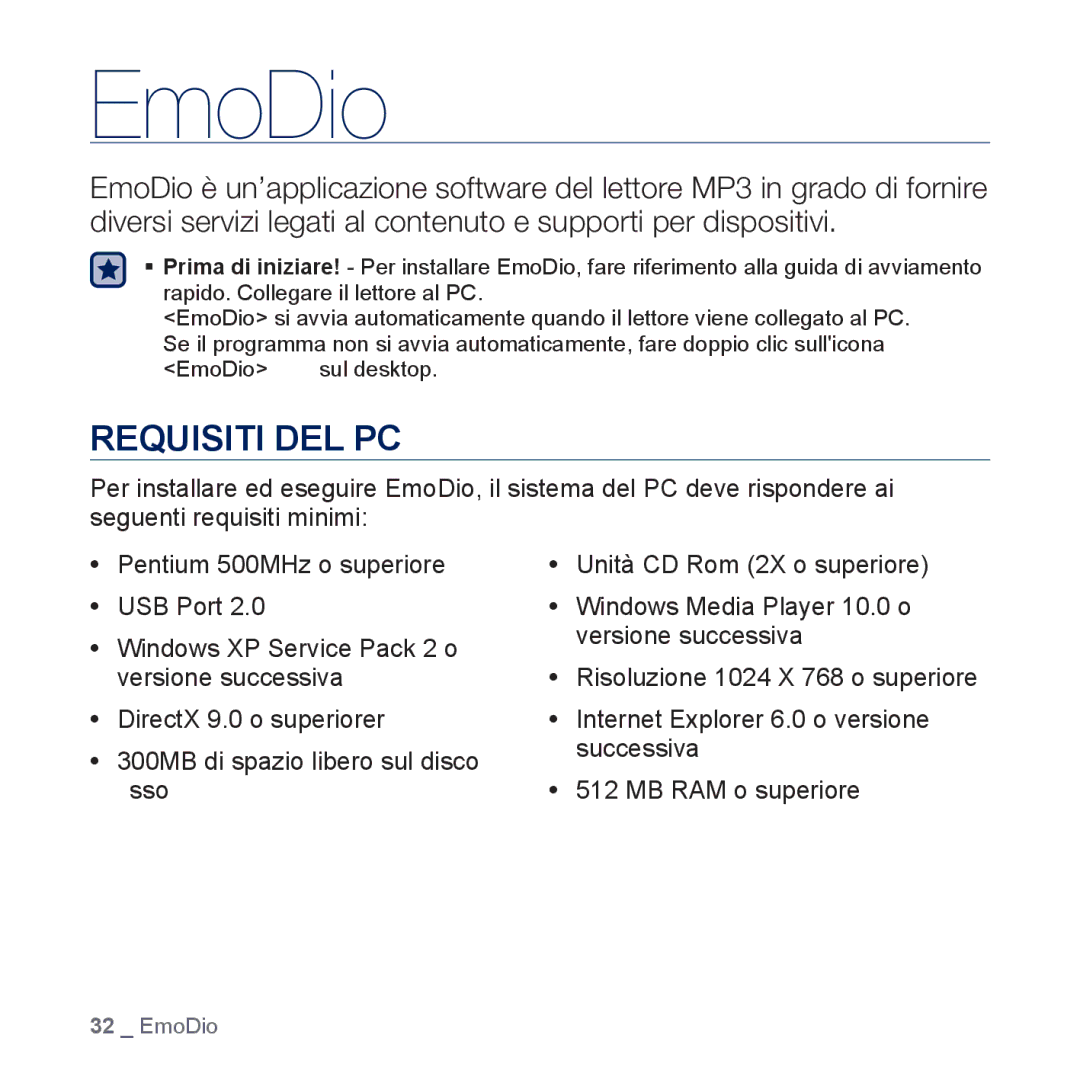 Samsung YP-U5JAL/EDC, YP-U5JAP/EDC, YP-U5JQB/EDC, YP-U5JAB/EDC, YP-U5JAW/EDC, YP-U5JQWH/EDC manual EmoDio, Requisiti DEL PC 