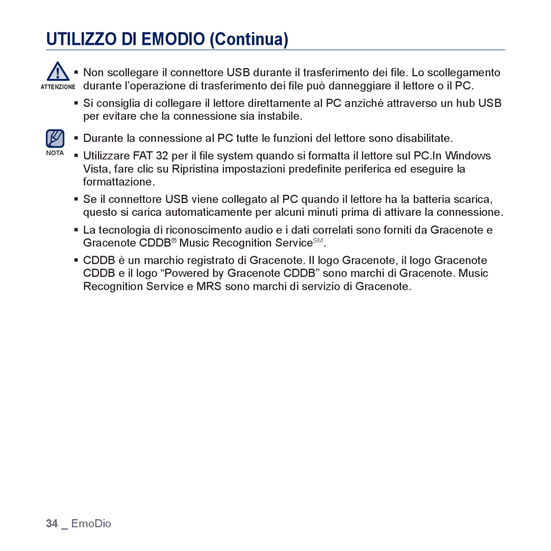 Samsung YP-U5JAR/EDC, YP-U5JAP/EDC, YP-U5JQB/EDC, YP-U5JAB/EDC, YP-U5JAW/EDC, YP-U5JAL/EDC manual Utilizzo DI Emodio Continua 