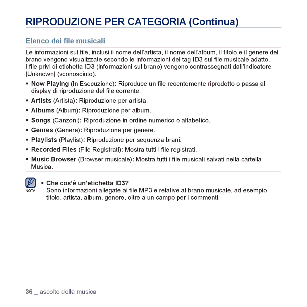 Samsung YP-U5JQB/EDC, YP-U5JAP/EDC, YP-U5JAB/EDC, YP-U5JAW/EDC Riproduzione PER Categoria Continua, Elenco dei ﬁle musicali 